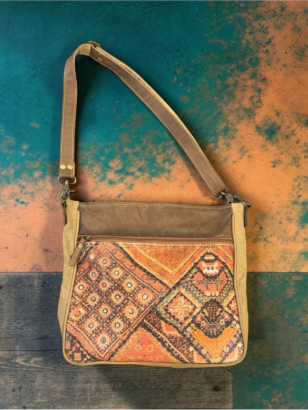 Myra Bag Multicolor Patchwork Shoulder Bag in Brown and Coral